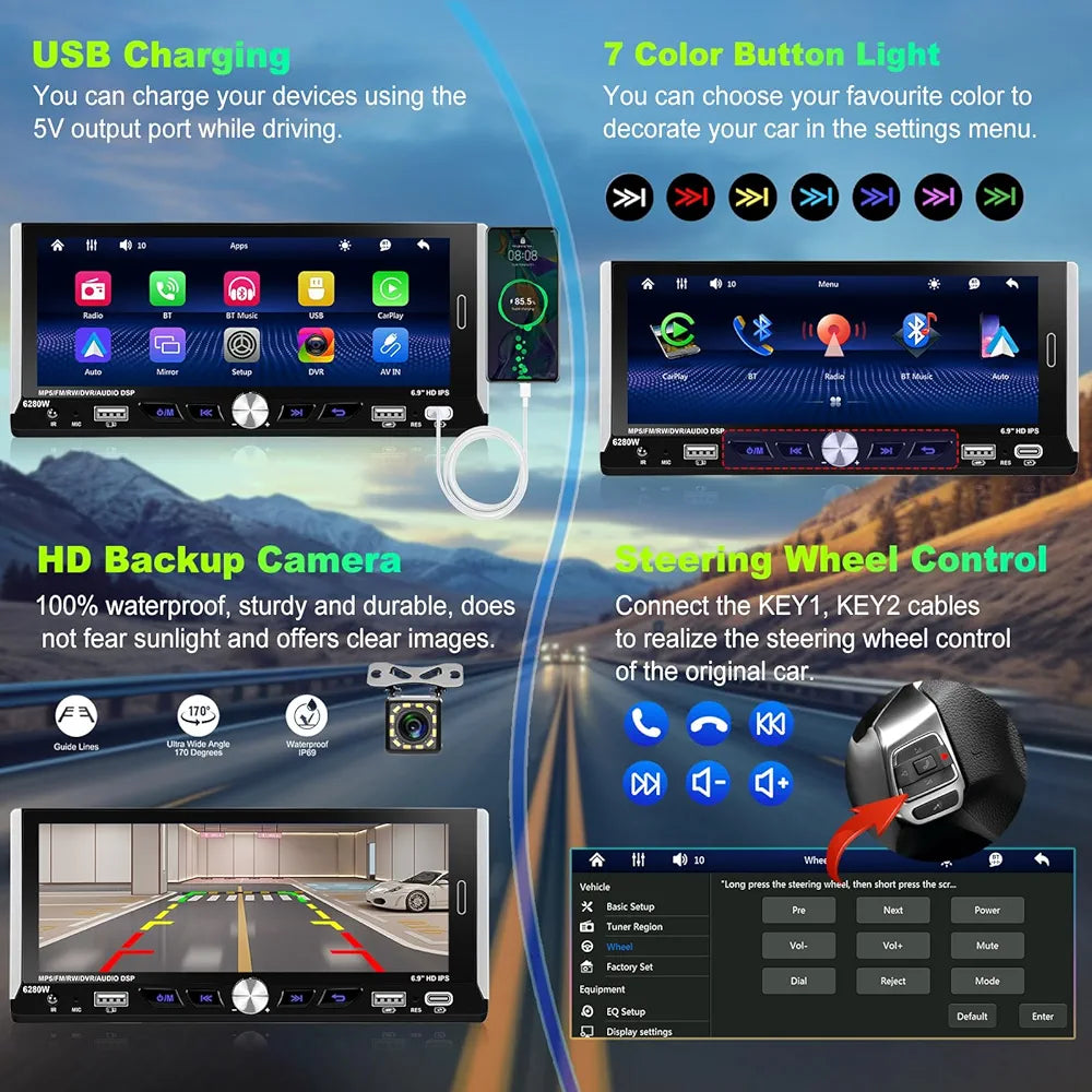 Autoradio 1 din schermo da 7" 4GB RAM - 64 GB ROM CARPLAY🌀 android auto 🌀