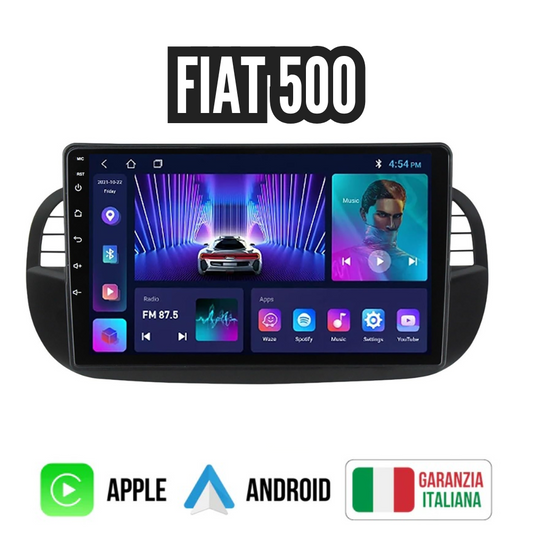 FIAT 500 -2007 -2015 9' POLLICI 8-256GB COMPLETA DI MASCHERINA E COMANDI AL VOLANTE  CARPLAY-ANDROID AUTO + RETROCAMERA
