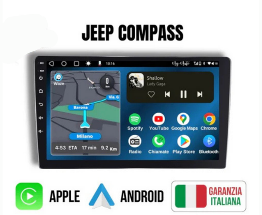 Jeep Compass | 9 Pollici - Mascherina inclusa - Autoradio 2 Din Android auto + Carplay / Stereo Touch 4/64gb |+ CENTRALINA CANBAS PER COMANDI AL VOLANTE Navigatore GPS + Bluetooth + Wifi