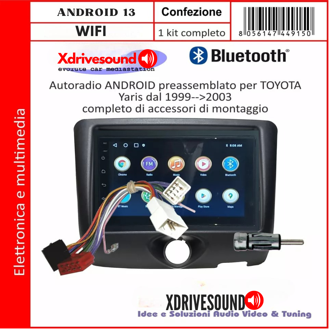 AUTORADIO 7" ANDROID YARIS DAL 1999 AL 2003, BLUETOOTH - USB - KIT PLUG & PLAY