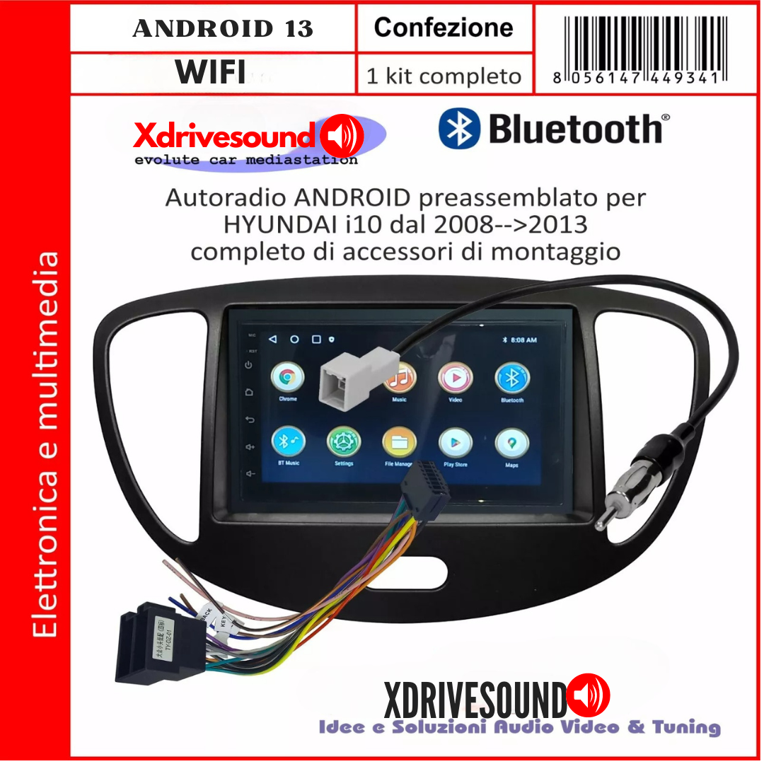 AUTORADIO ANDROID 7"4-64 GIGA PER HYUNDAI I10 2008 AL 2012 BLUETOOTH USB KIT PLUG & PLAY