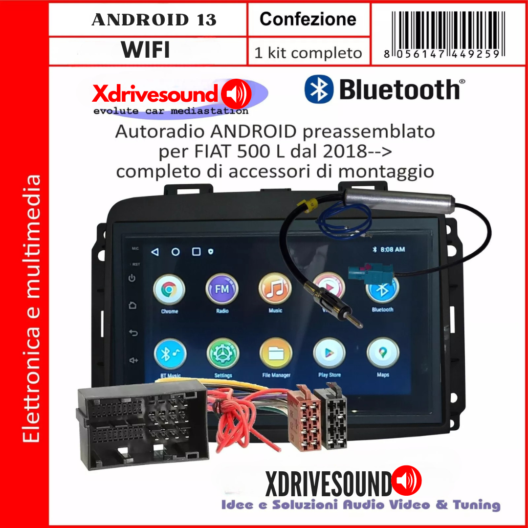 KIT AUTORADIO 4-64 GIGA FIAT 500L DAL 2018 BLUETOOTH, USB, centralina canbas per recupero dei comandi al volante