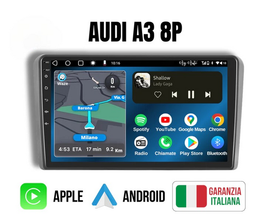 Audi a3 /8p/rs3/Sportback (2003/2013) | 9 pollici - Mascherina Inclusa Autoradio 2 Din Android auto + Carplay / Stereo Touch 8-256GB | Navigatore GPS + Bluetooth + Wifi
