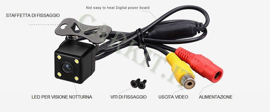 Telecamera posteriore impermeabile a colori con staffa inclusa.