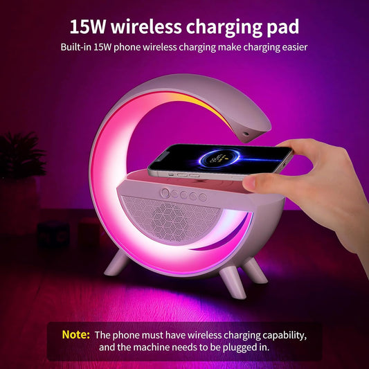 Nuova Lampada da tavolo a LED intelligente per atmosfera con caricabatterie senza fili da 15 W altoparlante Bluetooth, luce notturna dimmerabile