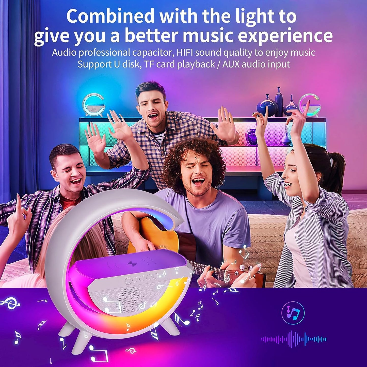 Nuova Lampada da tavolo a LED intelligente per atmosfera con caricabatterie senza fili da 15 W altoparlante Bluetooth, luce notturna dimmerabile