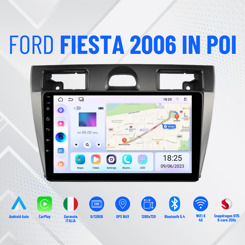 AUTORADIO 9” NAVIGATORE Ford Fiesta 2006in poi  ANDROID 13- 4GB RAM 64GB ROM IPS DSP CARPLAY
