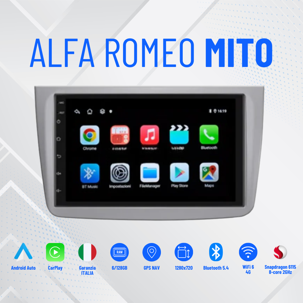 Alfa Romeo Mito (2008/2017) | 7'' Pollici - Mascherina inclusa - Autoradio 2 Din Android auto + Carplay / Stereo Touch 4/64GB | Navigatore GPS + Bluetooth + Wifi