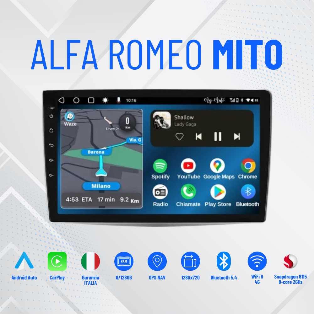 Alfa Romeo Mito (2008/2017) | 9 Pollici - Mascherina inclusa - Autoradio 2 Din Android auto + Carplay / Stereo Touch 4/64GB | Navigatore GPS + Bluetooth + Wifi