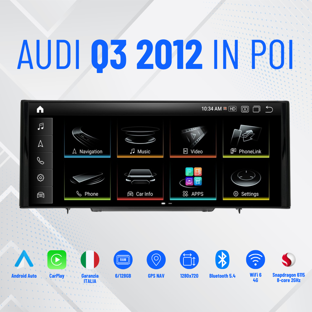 Q3 anno  2012 in poi / 10.25”Pollici - Mascherina Inclusa - Autoradio 2 Din Android Auto + CarPlay / Stereo Touch  | Navigatore GPS + Bluetooth + Wifi