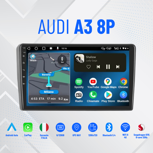Audi a3 /8p/rs3/Sportback (2003/2013) | 9 pollici - Mascherina Inclusa Autoradio 2 Din Android auto + Carplay / Stereo Touch 8-256GB | Navigatore GPS + Bluetooth + Wifi