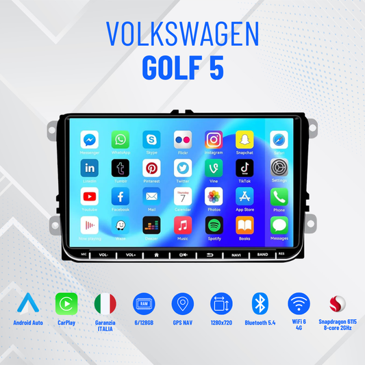 Autoradio Volkswagen Touran  -Golf5/4 Seat - Skoda schermo 9”  4-64GB CarPlay+Android auto Wi-Fi -Bluetooth - Mascherina Inclusa - Autoradio 2 Din Carplay / Stereo Touch  | Navigatore GPS + Bluetooth + Wifi
