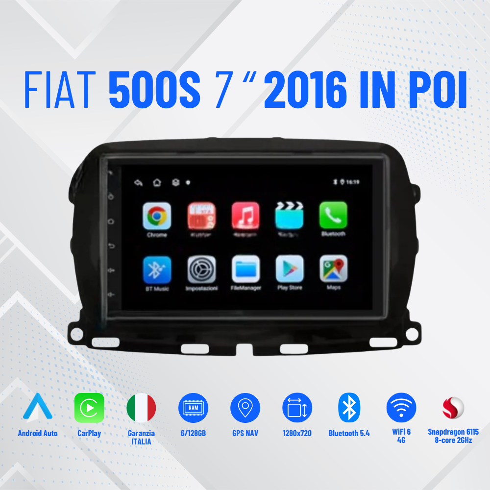 Autoradio   per   Fiat   500s   7"   |   2016   in   poi   |   Android   |   Bluetooth   |   CarPlay   |   Android   Auto   |   4-64GB   Ram