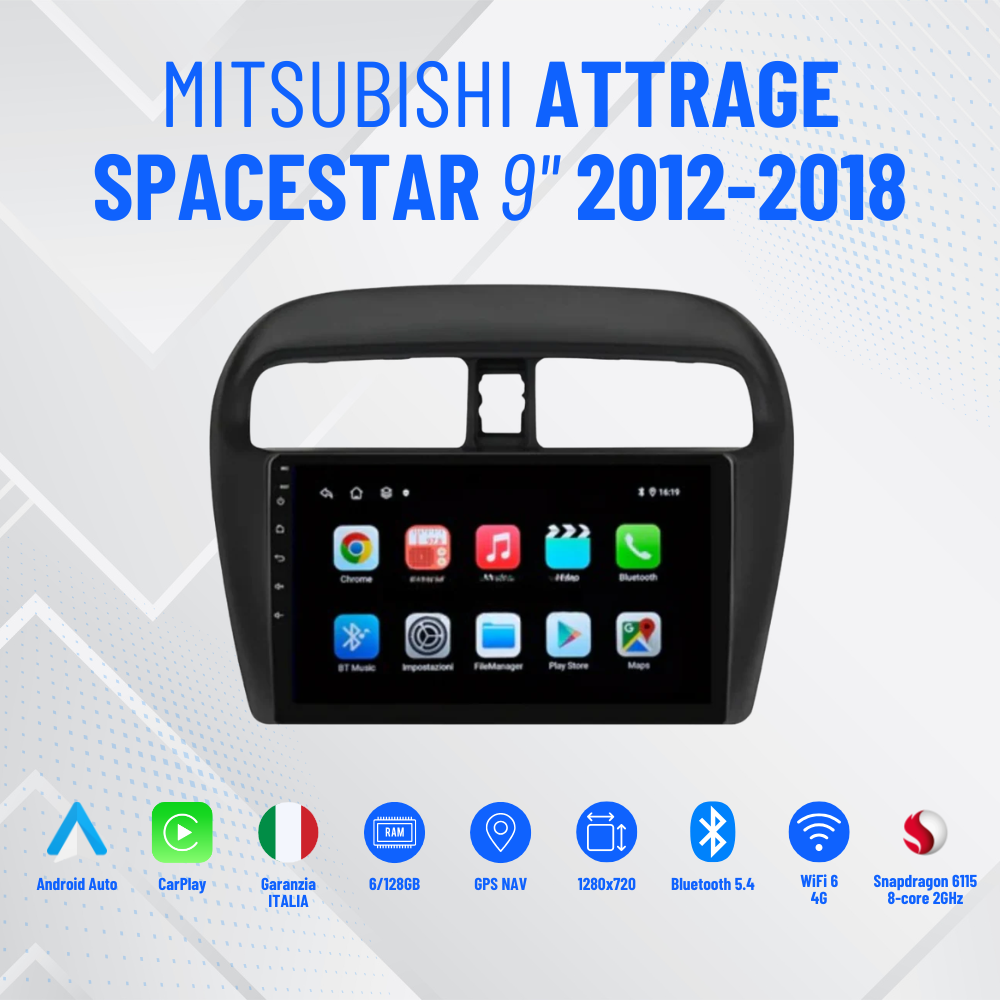Autoradio   per   Mitsubishi   Attrage   Spacestar   9"   |   2012-2018   |   Android   |   Bluetooth   |   CarPlay   |   Android   Auto   |  4-64GB  Ram