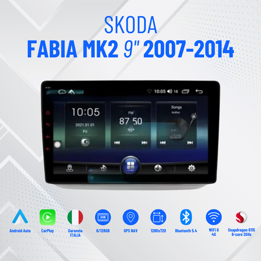 Autoradio   per   Skoda   Fabia   MK2   9"   |   2007-2014   |   Android   |   Bluetooth   |   CarPlay   |   Android   Auto   |   4-64GBB   Ram