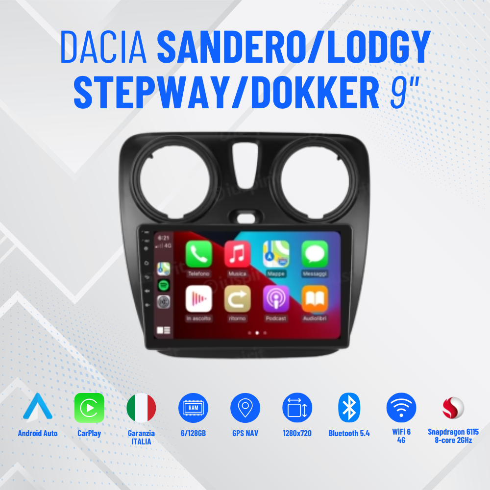 Dacia sandero /lodgy/stepway9” dokker Pollici - Mascherina Inclusa - Autoradio 2 Din Android Auto + Carplay / Stereo Touch 8/256GB | Navigatore GPS + Bluetooth + Wifi