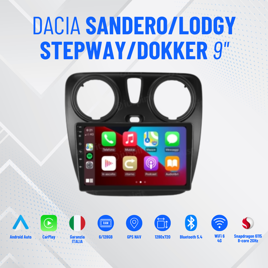Dacia sandero /lodgy/stepway9” dokker Pollici - Mascherina Inclusa - Autoradio 2 Din Android Auto + Carplay / Stereo Touch 8/256GB | Navigatore GPS + Bluetooth + Wifi