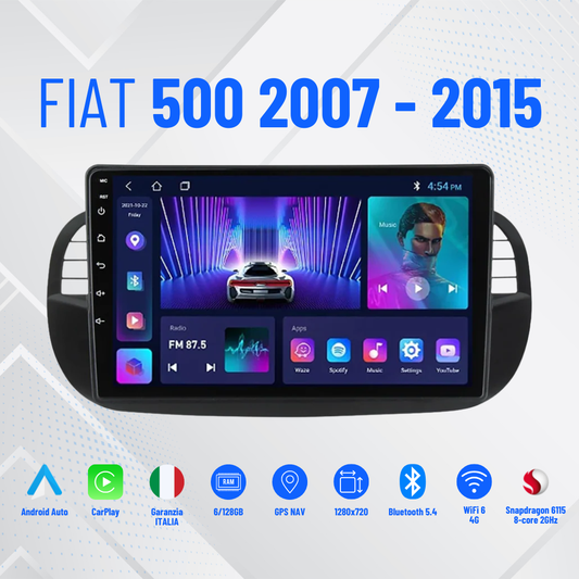FIAT 500 -2007 -2015 9' POLLICI COMPLETA DI MASCHERINA E COMANDI AL VOLANTE  CARPLAY-ANDROID AUTO + RETROCAMERA