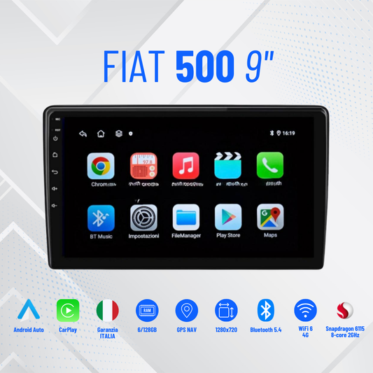 Fiat 500 /9” Pollici - Mascherina Inclusa - Autoradio 2 Din Android Auto + Carplay / Stereo Touch 6/128GB | Navigatore GPS + Bluetooth + Wifi Ventola raffreddamento