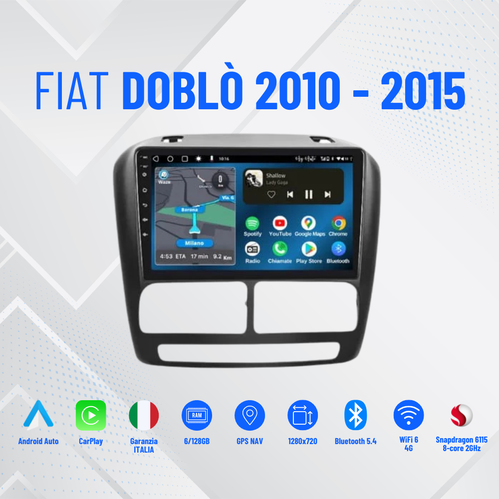 Fiat Doblò (2010-2015) 9 pollici | Mascherina Inclusa Autoradio 2 Din Android auto + Carplay / Stereo Touch 4/64g - | Navigatore GPS + Bluetooth + Wifi