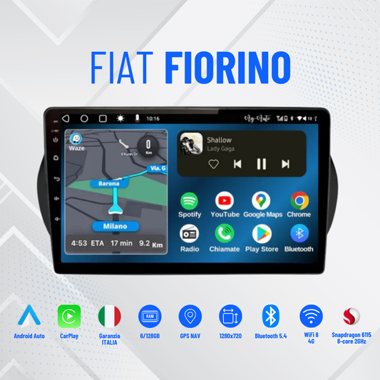 Fiat Fiorino - Qubo (2008/2017) | 9 pollici |8-256Giga Mascherina Inclusa Autoradio 2 Din Android auto + Carplay / Stereo Touch | Navigatore GPS + Bluetooth + Wifi-Comandi al volante