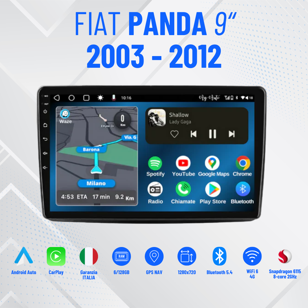 Fiat Panda (2003/2012) - Autoradio scgermo 9'' versione 4-64 Android auto + Carplay / Stereo Touch 9 pollici | USB + Navigatore GPS + Bluetooth + Wifi