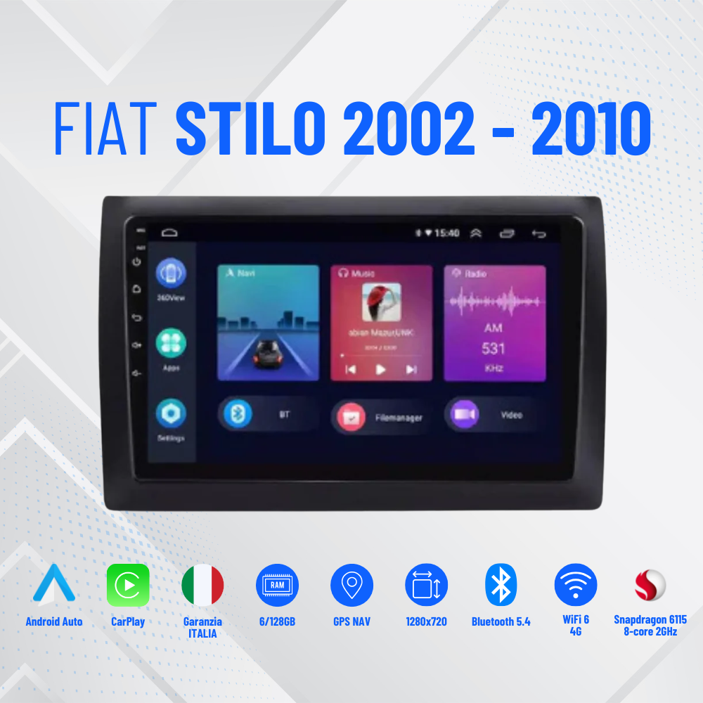 Fiat Stilo 2002-2010 CarPlay Android Auto 9'' GPS USB WI-FI Bluetooth 4G LTE + DAB+CAVETTERIA ORIGINALE+RETROCAMERA + 4 casse originali