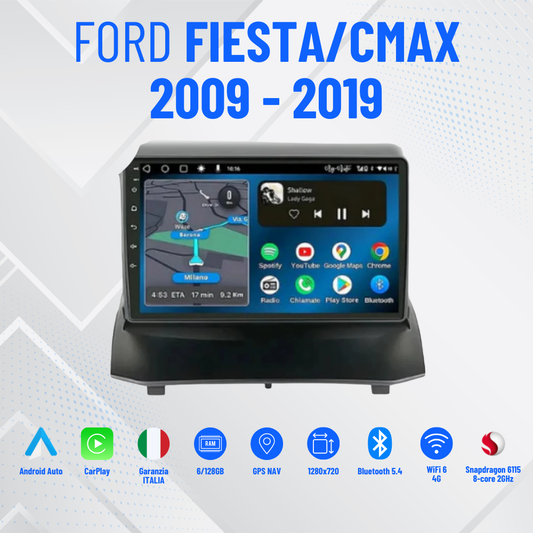 Ford Fiesta/c-max  (2009/2019) 9 pollici + Mascherina Inclusa Autoradio 2 Din Android auto 4GB RAM - 64GB ROMCarplay / Stereo Touch | RETROCAMERA + CENTRALINA CANBAS PER COMANDI AL VOLANTE Navigatore GPS + Bluetooth + Wifi + USB