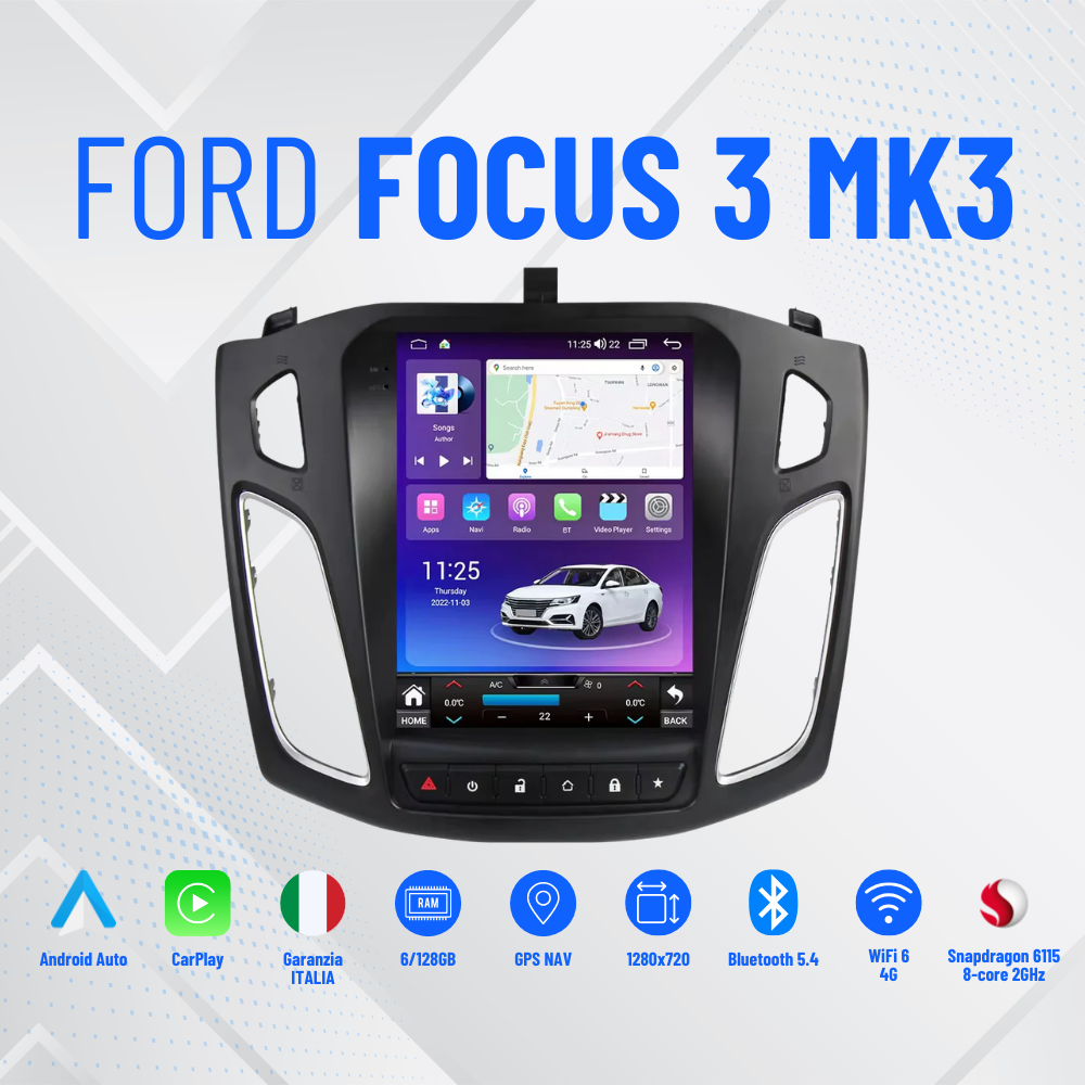 Ford Focus 3 Mk3 modello tesla  (2011/2018) | 9 pollici - 6-128GB MASCHERINA INCLUSA Autoradio 2 Din Android auto + Carplay Stereo Touch | Navigatore GPS + Bluetooth + Wifi