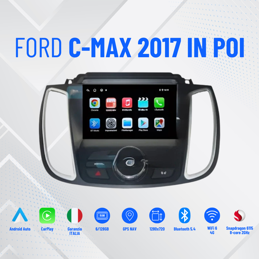 Ford c-Max anno 2017 in poi| 9 Pollici - Mascherina Inclusa - Autoradio 2 Din Android Auto + Carplay / Stereo Touch 2/64gb | Navigatore GPS + Bluetooth + Wifi
