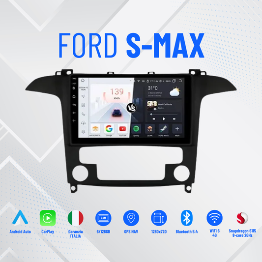 Ford s-Max | 9 Pollici - Mascherina Inclusa - Autoradio 2 Din  8-256Gb- KIT Completo Per L'installazione INCLUSO - Android Auto + Carplay / Classe B Stereo Touch 2/64gb | Navigatore GPS + Bluetooth + Wifi + USB