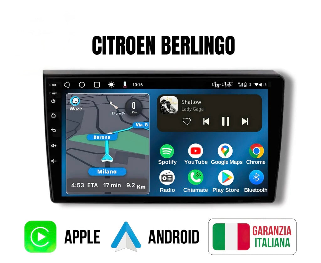 Citroen Berlingo (2008/2019) | 9 Pollici - Mascherina Inclusa - Autoradio 2 Din Android Auto + Carplay / Stereo Touch 2/32gb | Navigatore GPS + Bluetooth + Wifi