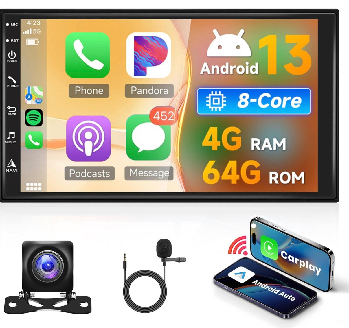 Autoradio 2 din 4G+64G 8 Core 4G Android Autoradio 2 Din con Wireless Carplay Android Auto GPS Navi  ventola posteriore WiFi 7 Pollici Autoradio con Mirror Link Bluetooth FM/AM/RDS+ Canbus Quasquai Nissan j10