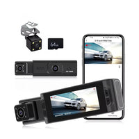 Dash Cam WiFi a 3 Canali, DVR 3.16'' con Schermo IPS 1080P Anteriore, Posteriore e Interno, Registrazione in Loop, Rilevamento Movimento, G-Sensor, Scheda 64G