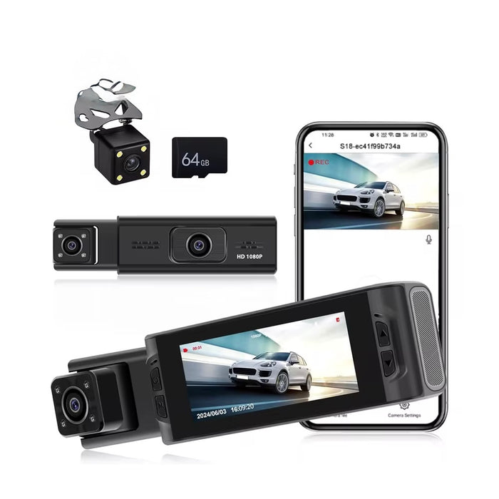 Dash Cam WiFi a 3 Canali, DVR 3.16'' con Schermo IPS 1080P Anteriore, Posteriore e Interno, Registrazione in Loop, Rilevamento Movimento, G-Sensor, Scheda 64G