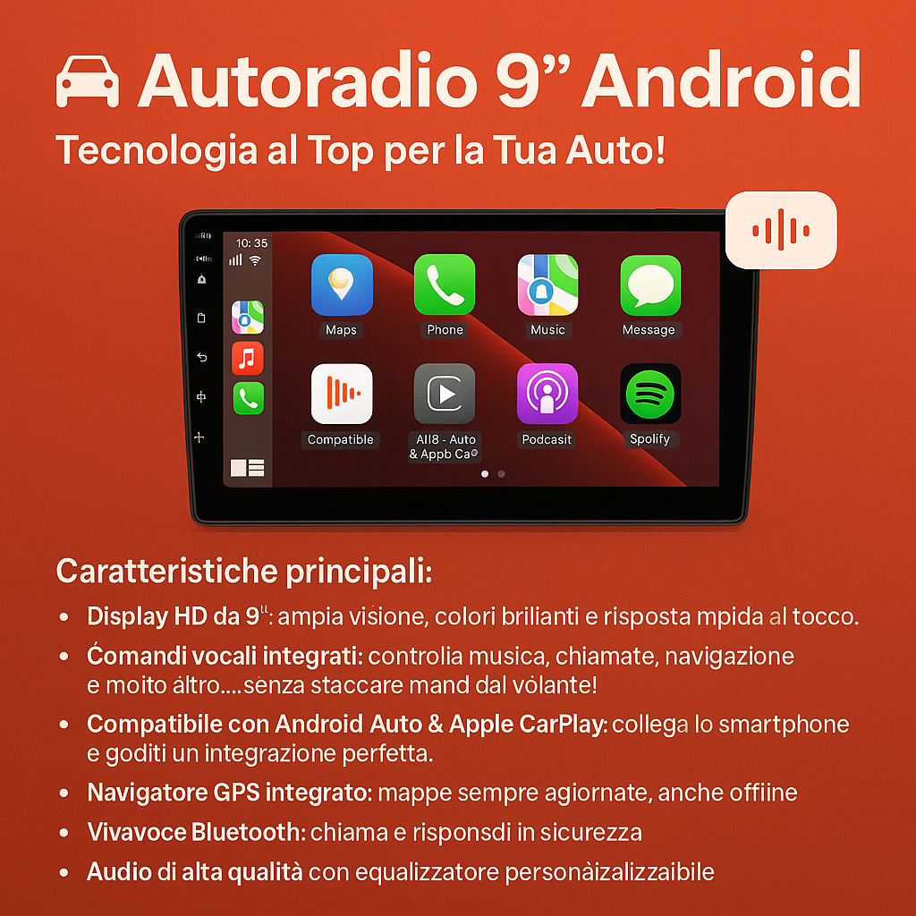 AUTORADIO ANDROID 9” – 4+64GB | CarPlay + Android Auto-WIFI-GPS ANDROID 13 - 🎁 omaggio Kit retrocamera in omaggio.