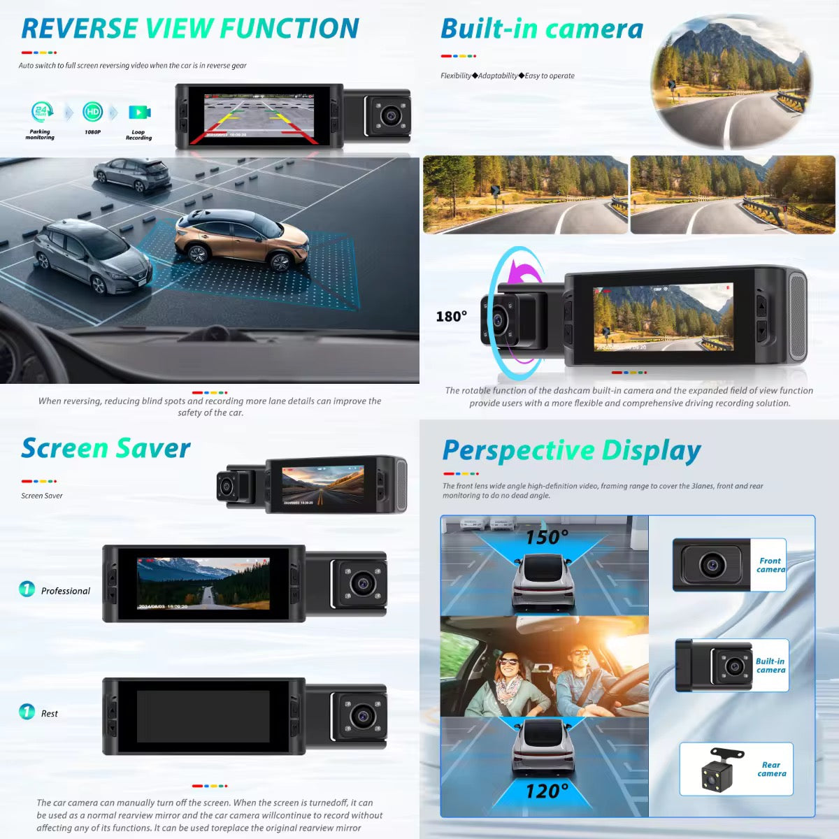 Dash Cam WiFi a 3 Canali, DVR 3.16'' con Schermo IPS 1080P Anteriore, Posteriore e Interno, Registrazione in Loop, Rilevamento Movimento, G-Sensor, Scheda 64G