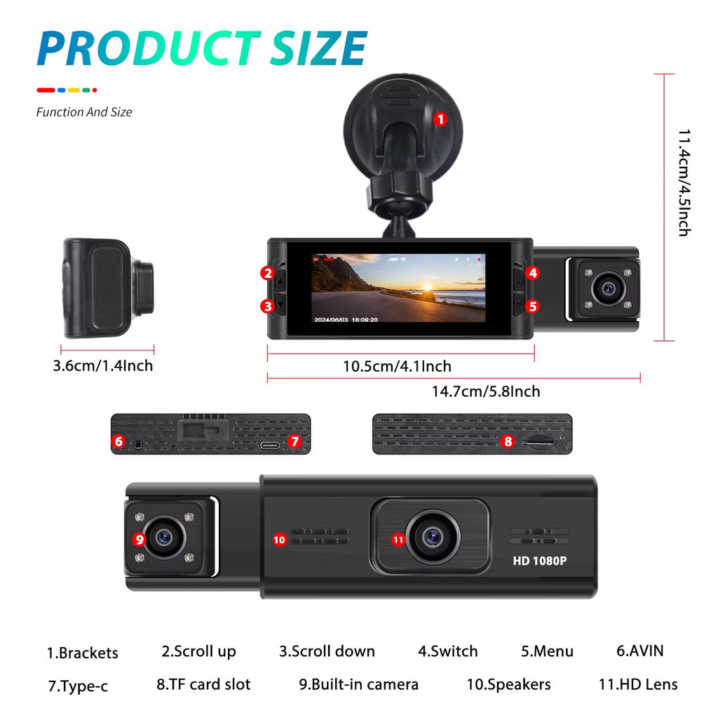 Dash Cam WiFi a 3 Canali, DVR 3.16'' con Schermo IPS 1080P Anteriore, Posteriore e Interno, Registrazione in Loop, Rilevamento Movimento, G-Sensor, Scheda 64G