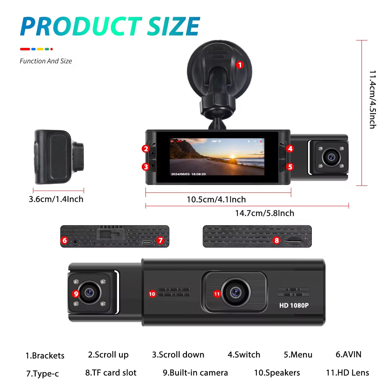Dash Cam WiFi a 3 Canali, DVR 3.16'' con Schermo IPS 1080P Anteriore, Posteriore e Interno, Registrazione in Loop, Rilevamento Movimento, G-Sensor, Scheda 64G