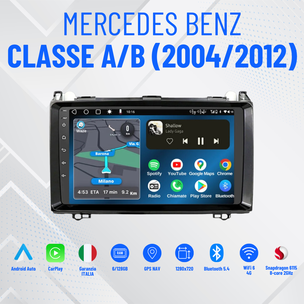 Mercedes Classe A/B (2004/2012) | 9 Pollici - Mascherina Inclusa - Autoradio 2 Din - KIT Completo Per L'installazione INCLUSO - Android Auto + Carplay / Classe B Stereo Touch 2/64gb | Navigatore GPS + Bluetooth + Wifi + USB Per W245 B160 B170 B180 B190