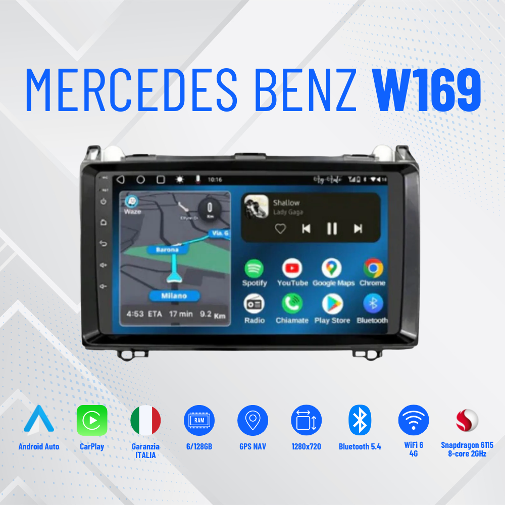 Mercedes classe A (2004/2012) | 9 Pollici -  4-64 Giga con dab+ Mascherina inclusa - Autoradio 2 Din Android auto + Carplay / Classe A Stereo Touch 4/64gb | Navigatore GPS + Bluetooth + Wifi + centralina canbas per recupero dei comandi