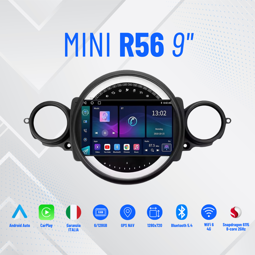 Mini r56 | 9” Pollici - Mascherina 8/128GB Inclusa - Autoradio 2 Din Android Auto + Carplay / Stereo Touch  | Navigatore GPS + Bluetooth + Wifi