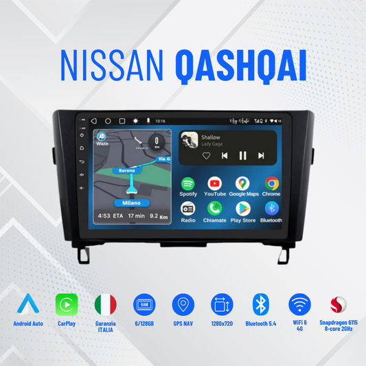 Nissan Qashqai (2012/2020) | 9” Pollici - Mascherina inclusa - Autoradio 2 Din Android auto + Carplay / Stereo Touch 4/64gb | Navigatore GPS + Bluetooth + Wifi+ Centralina Canbas recupero comandi con telecamera 360