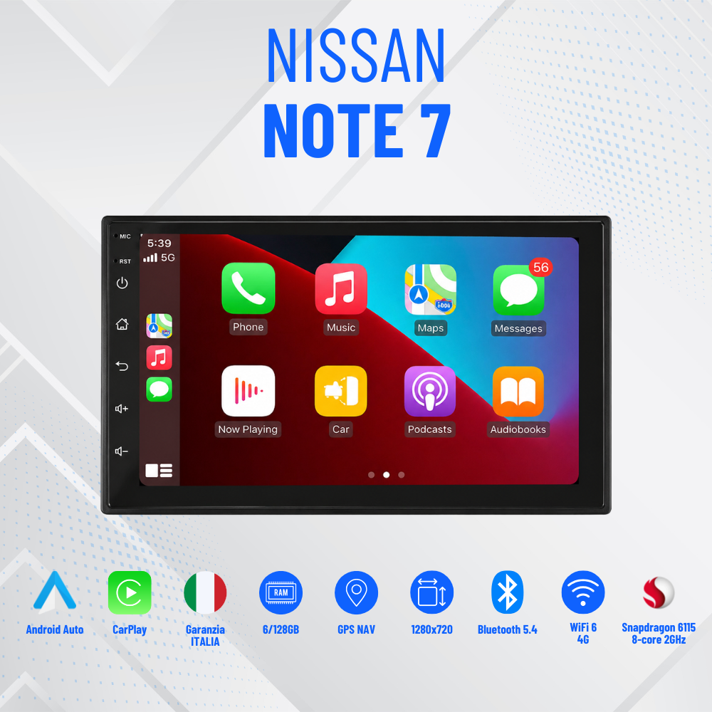 Nissan note 7” CarPlay+Android auto Wi-Fi -Bluetooth - Mascherina Inclusa - Autoradio 2 Din Carplay / Stereo Touch  | Navigatore GPS + Bluetooth + Wifi