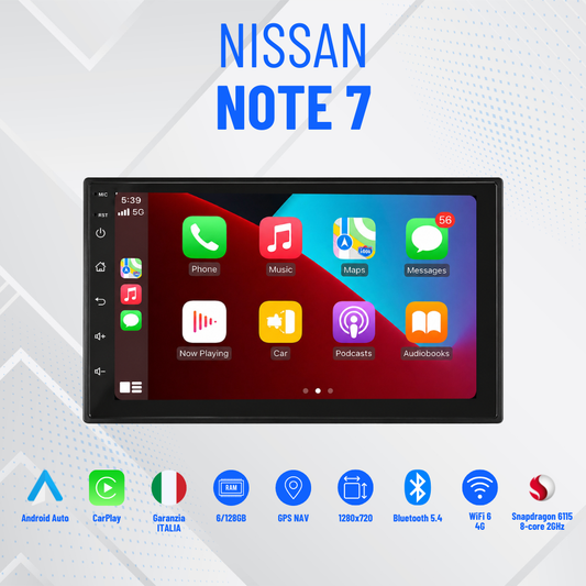Nissan note 7” CarPlay+Android auto Wi-Fi -Bluetooth - Mascherina Inclusa - Autoradio 2 Din Carplay / Stereo Touch  | Navigatore GPS + Bluetooth + Wifi