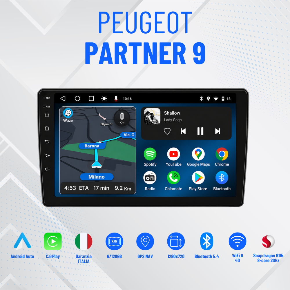 PEUGEOT PARTNER 9 Pollici - Mascherina Inclusa Autoradio 2 Din Android Auto + Carplay / Volkswagen Stereo Touch 2/64gb | Navigatore GPS + Bluetooth + Wifi