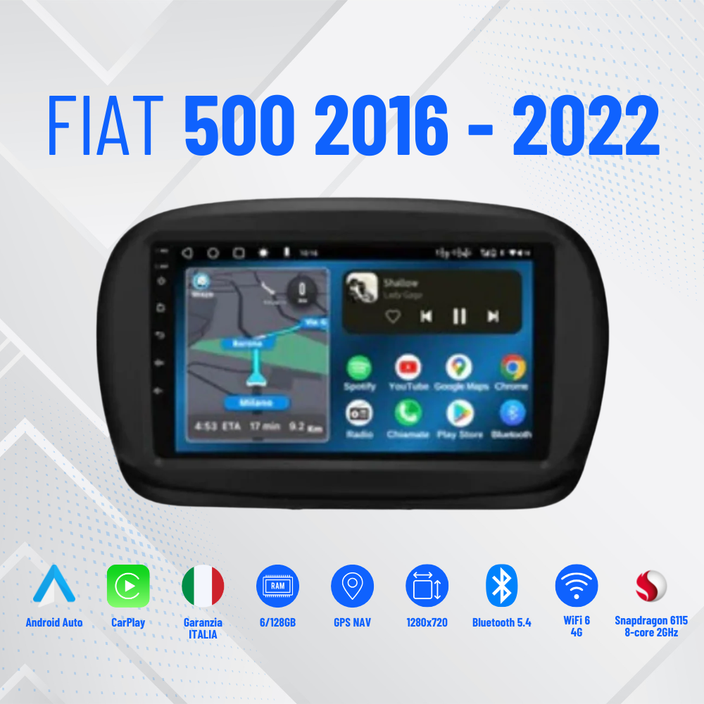 Per Fiat 500 2016-2022 Carplay Android 13.0 con 4-64 GB Autoradio GPS NAVIGATORE SATELLITARE FM SWC Radio
