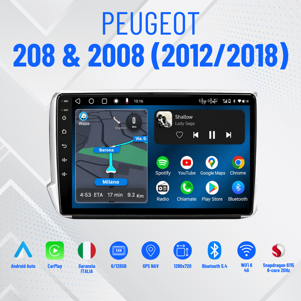 Peugeot 208 & 2008 (2012/2018) | 9”pollici - Mascherina inclusa Autoradio 2 Din Android auto + Carplay / Android auto Stereo Touch 4/64gb | Navigatore GPS + Bluetooth + Wifi + centrlina canbas per recupero dei comandi al volante + retrocamera