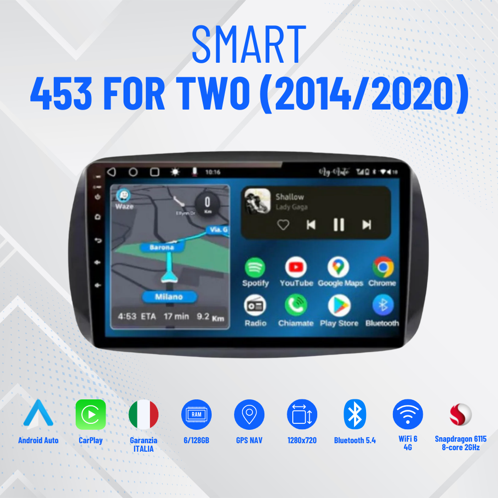 Smart 453 Fortwo (2014/2020) | 9 pollici + Mascherina Inclusa - Autoradio 2 Din Android auto + Carplay / Stereo Touch 4/64gb | Navigatore GPS + Bluetooth + Wifi