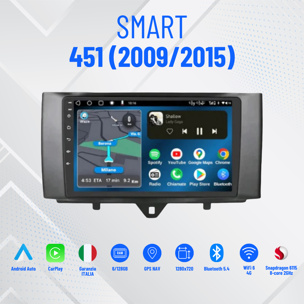 Smart Fortwo 451 (2009/2015) | 9 Pollici 8GB RAM- 256GB ROM- Mascherina inclusa - Autoradio 2 Din Android auto + Carplay / Stereo Touch | Navigatore GPS + Bluetooth + Wifi + MICROFONO ESTERNO